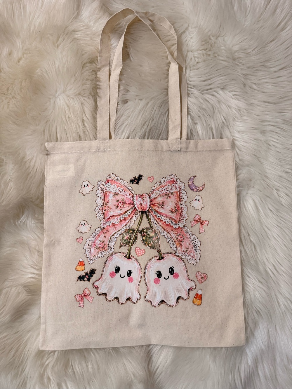 Cream Canvas Tote with Pink Bow & Ghost Design - Women Bags